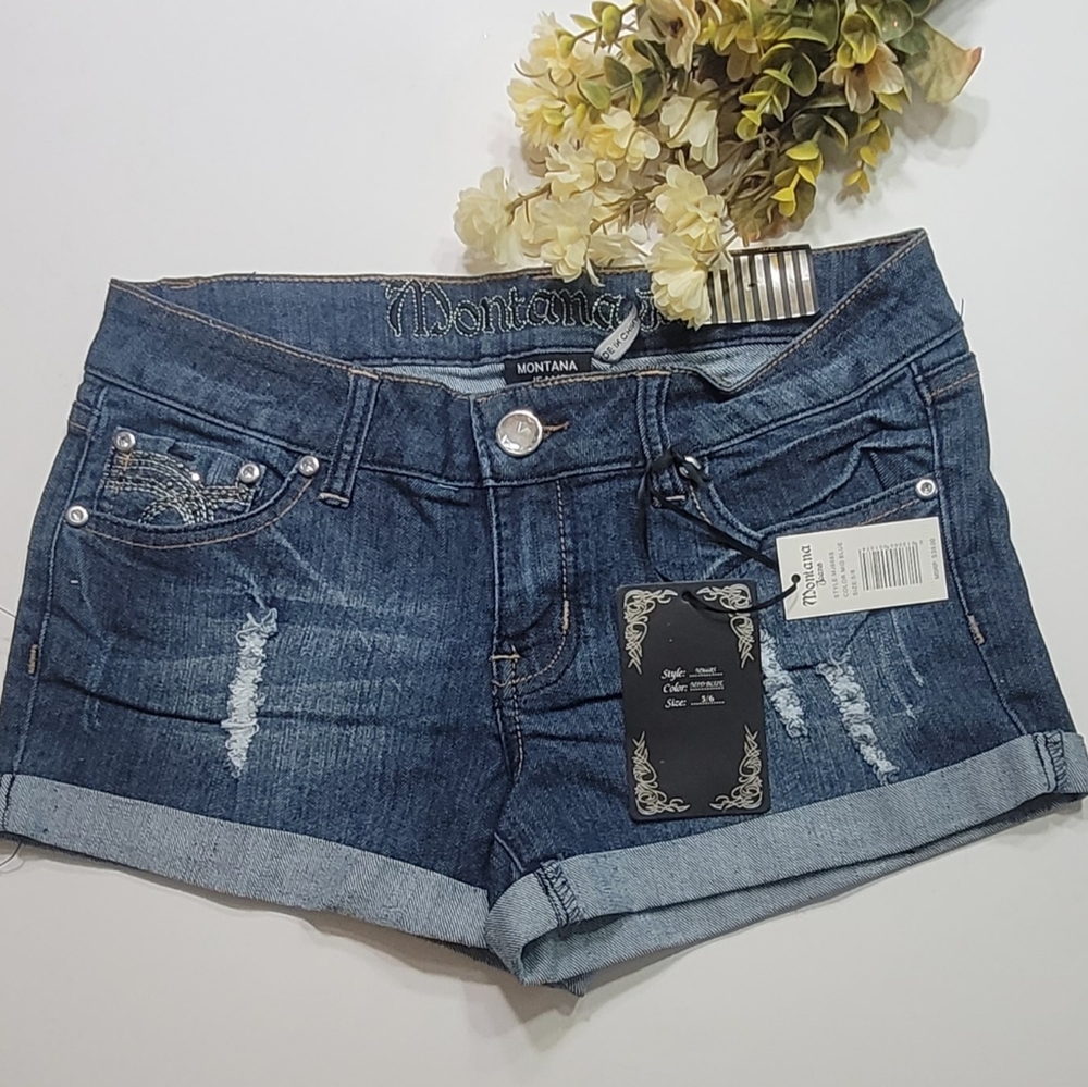 ❤️ MONTANA JEANS SHORTS LOW WAIST EMBELLISHED RHINESTONE.SIZE: 5/6 COLOR:  BLUE